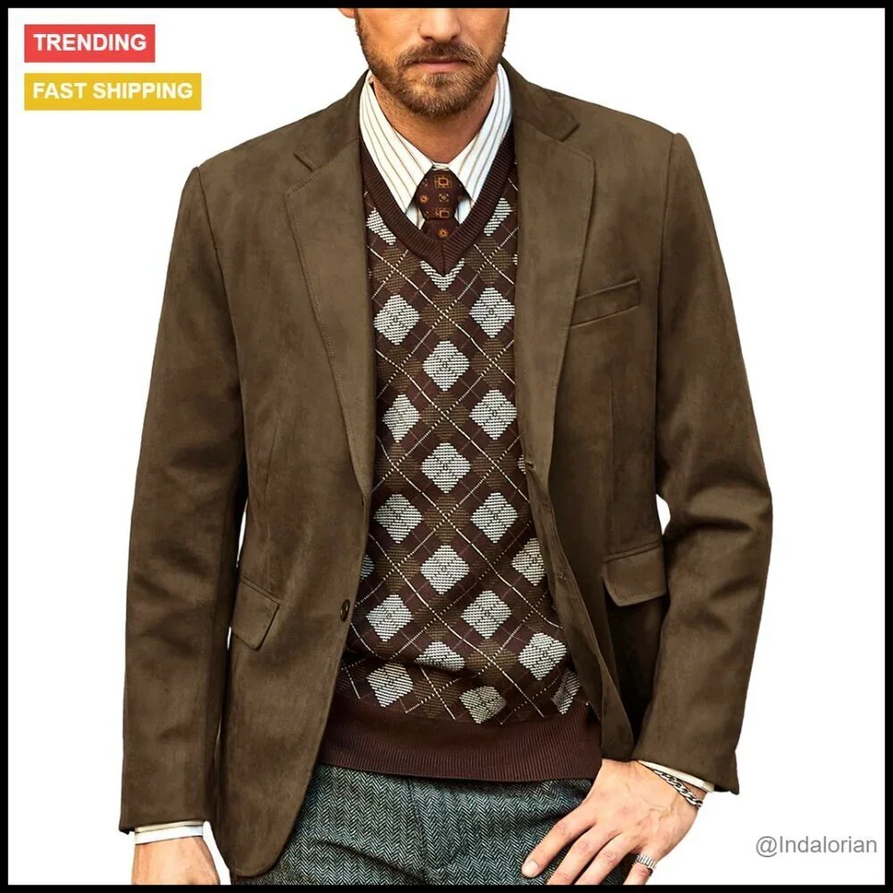 Faux Leather Blazer Modern Fitted Suede Sport Coat Casual Two Button Jacket